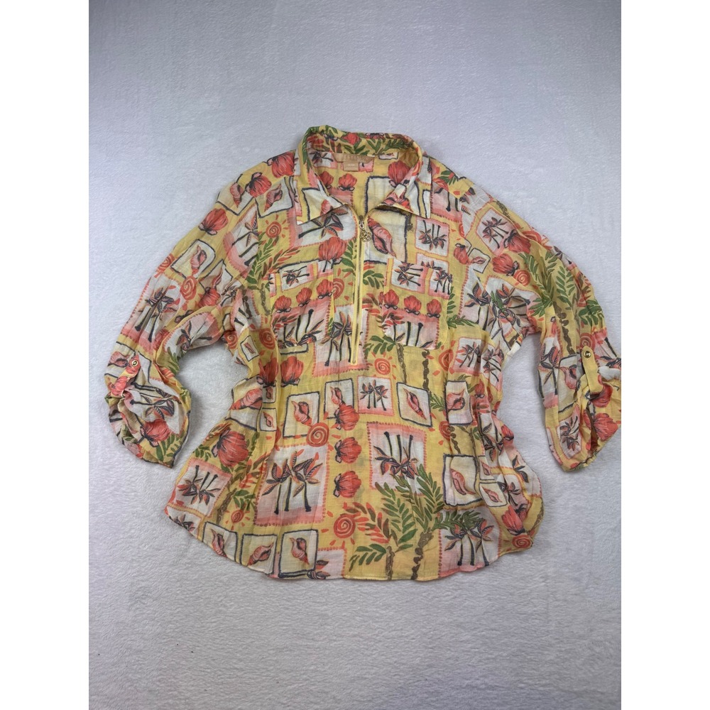 Hope & Harlow Woman Tropical Seashell Quarter Zip Roll Tab Blouse Yellow 1X